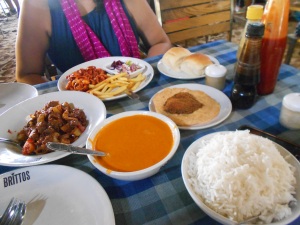 Chilli Sausage Fry, Calamari Rechado, and Goan Fish Curry at Brittos